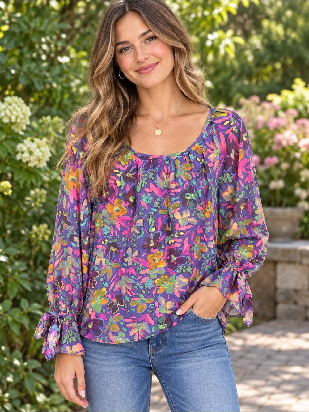 easel Purple Multi Floral Scoop-Neck Long Sleeve Blouse